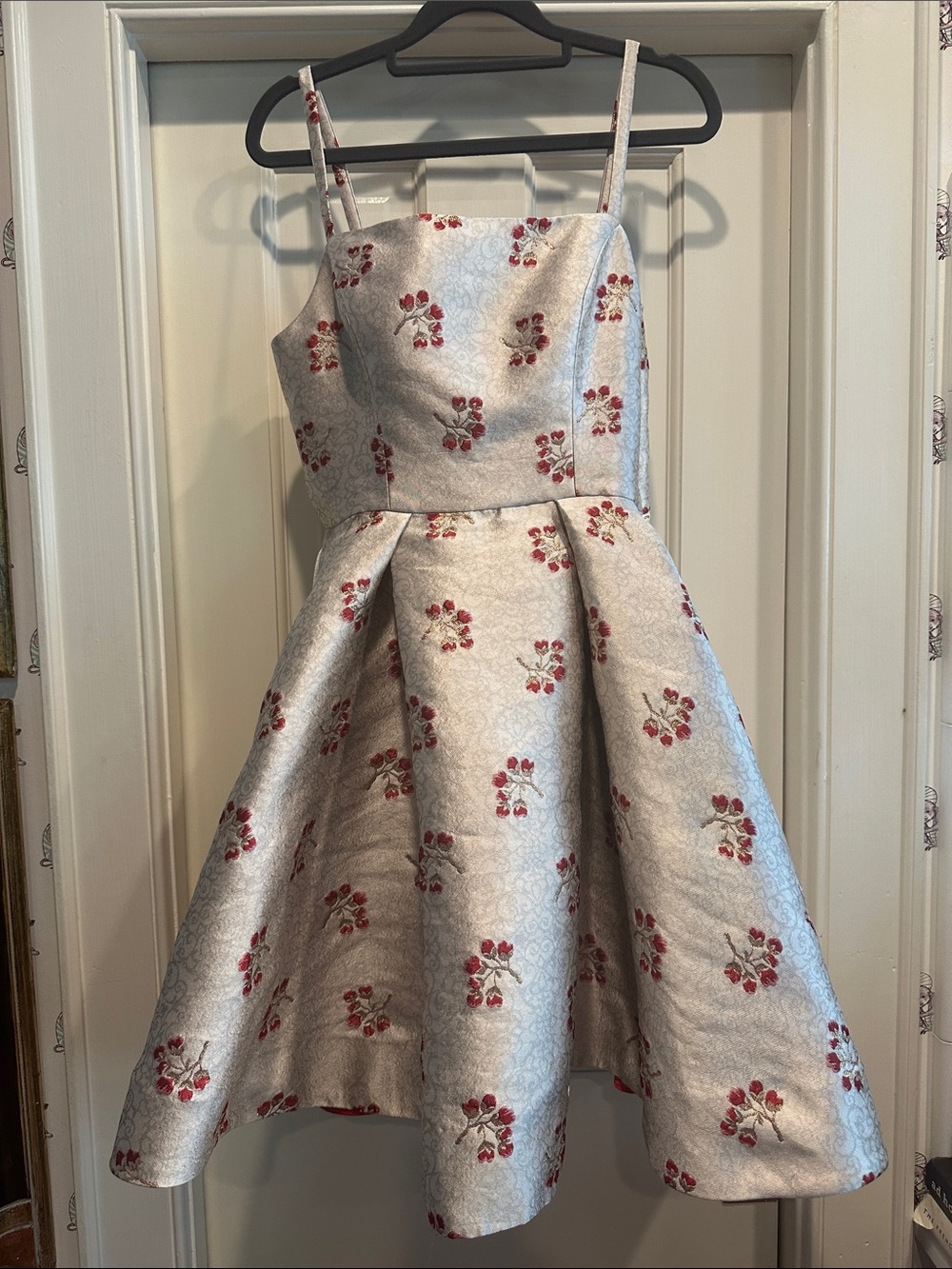 Silver Floral Jacquard Mini Dress with Red Accent
